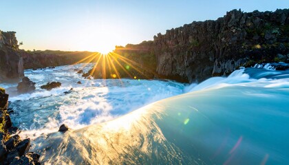 Magnificent Waterfall Cascading with Sunlight and Illuminating Nature's Beauty Spectacular Scenery
