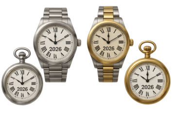 Four watches with roman numerals on them, one of which says 2016