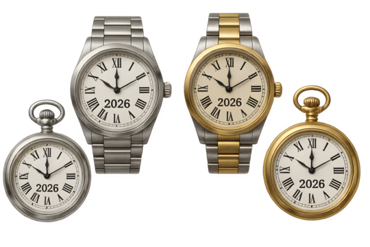 Four watches with roman numerals on them, one of which says 2016 - Powered by Adobe