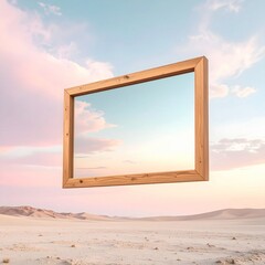 Wooden Frame Floating in Desert with Pink Sky and Clear Horizon Serene Desert Landscape