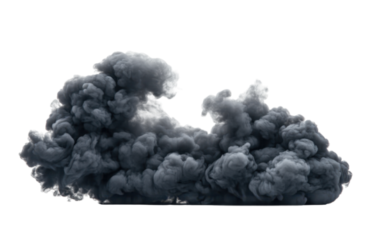 Plume of dark gray smoke rises and billows with ominous undertones against a transparent backdrop