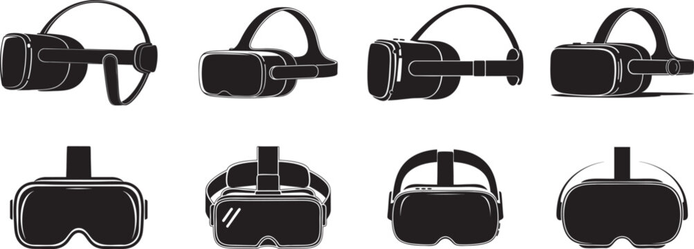 Virtual Reality VR Headset Goggles vector Set – Futuristic Gaming, Metaverse, and Augmented Reality Technology