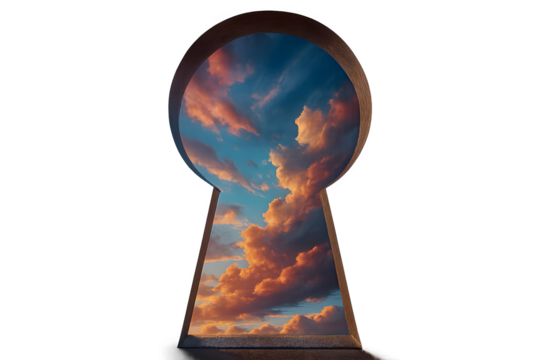 A keyhole with a cloudy sky above it