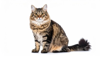 A fluffy long-haired tabby cat sits calmly against a white background.