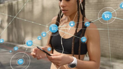 Animation of network of connections with icons over woman using smartphone exercising - Powered by Adobe