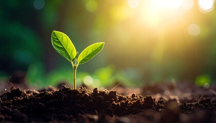 A young sprout emerging from soil, bathed in sunlight