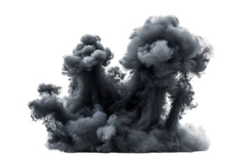 Grey smoke cloud rising upwards against white backdrop during explosion, disaster, or similar event