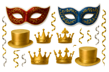 A set of gold and red masks and hats, including a crown and a mask