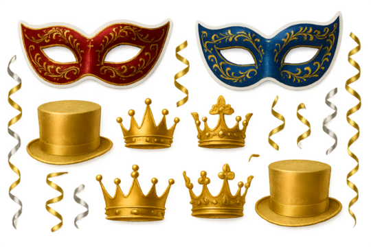 A set of gold and red masks and hats, including a crown and a mask