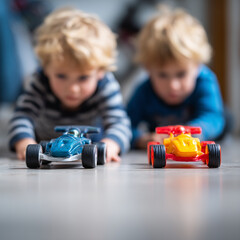 Two boys racing toy cars across a tabletop while a parent watches, photography
