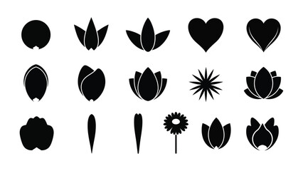 Silhouette Elements of Nature: A collection of black silhouette illustrations featuring various flora elements such as leaves, petals, flowers, and hearts, offering a diverse range of natural motifs.