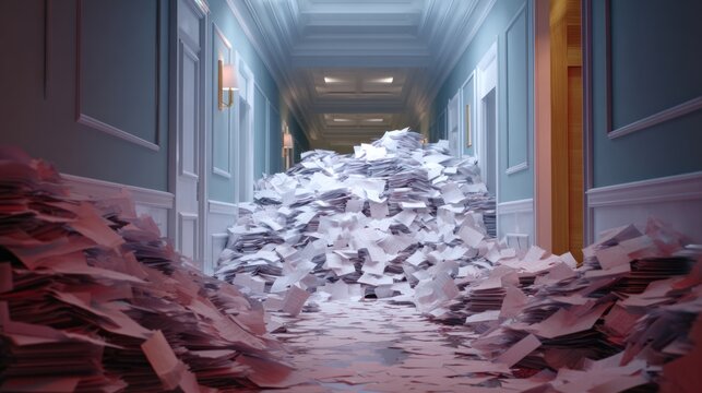A cluttered hallway filled with papers