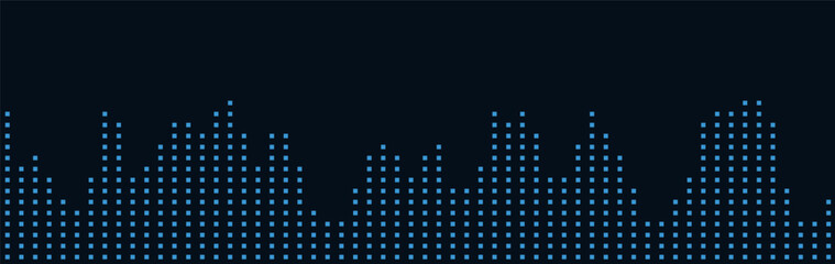 Blue digital cityscape on dark background with pixelated skyline.