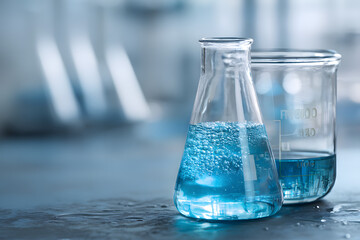water in beaker and flask glass in chemistry blue scence laboratory background