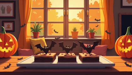 Halloween-themed dessert table with chocolate treats and pumpkins  