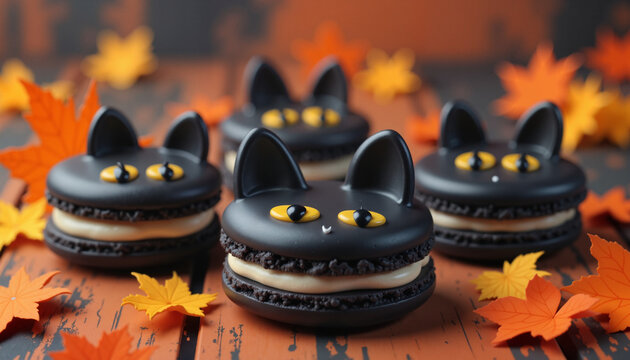 Black cat-themed macarons on wooden table with autumn leaves  