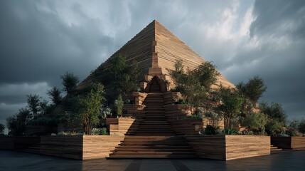 Fototapeta premium Pyramid of Planks: Architectural Marvel with Lush Greenery and Dramatic Sky at Dusk or Dawn