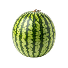 A professional-quality visual of a whole watermelon with a clean striped skin, a classic summer fruit, fully visible and perfectly isolated on transparent background.