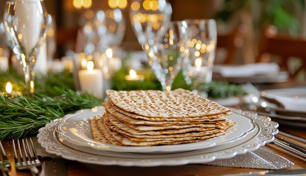 dining table bathed in warm, natural sunlight. In the foreground, a stack of traditional matzo sits on an elegant, ornate white plate