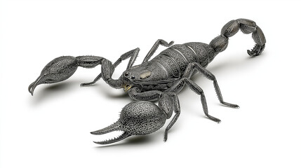 
Gray scorpion isolated on white background or transparent PNG, showing segmented body, pincers, curved tail, and detailed exoskeleton texture.