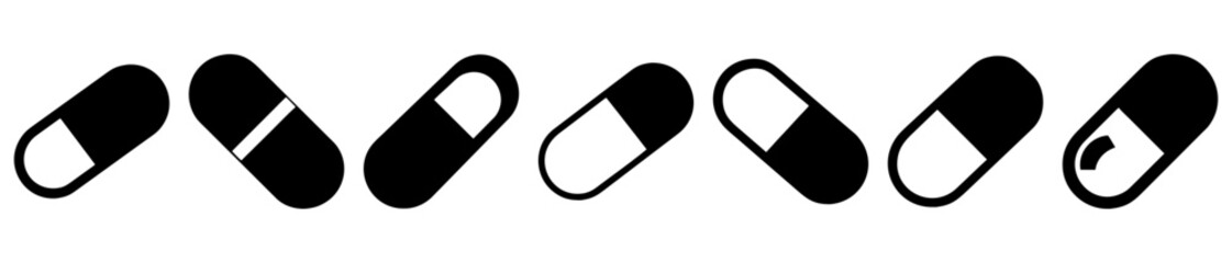 Illustration of six various styles of capsule pills in black and white