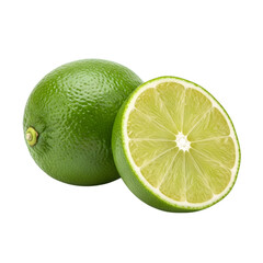A professional-quality visual of a whole green lime with a half sliced off, a refreshing citrus fruit, completely visible and perfectly isolated on transparent background.