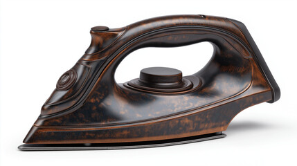 An old iron is isolated on a white background, highlighting its vintage design, worn texture, and nostalgic household charm