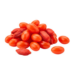 A detailed and pristine professional-grade visual of a cluster of fresh goji berries and a few scattered berries, a healthy superfood isolated on transparent background.