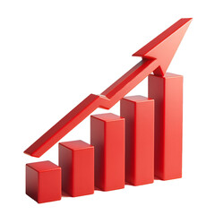 Red upward arrow graph showing rising trend, cut out isolated on white background