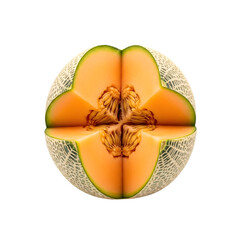 A high-quality, professional-grade visual of a whole cantaloupe melon cut into four quarters, a classic summer fruit isolated on transparent background.