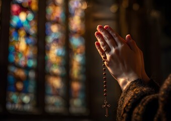 Praying hands with rosary beads in church faith and spirituality concept