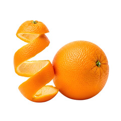 A detailed and professional-quality visual of a whole orange with its peel cut into a spiral next to it, a classic citrus fruit isolated on transparent background.