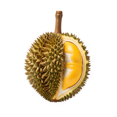 A detailed and pristine professional-grade visual of a whole durian with a clean slice, a unique and exotic tropical fruit isolated on transparent background.