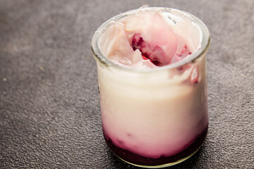 Yogurt or Skir with berries fresh sour natural product tasty snack fresh delicious gourmet food background on the table rustic food top view copy space