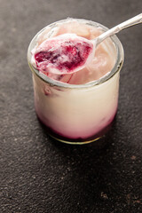Yogurt or Skir with berries fresh sour natural product tasty snack fresh delicious gourmet food background on the table rustic food top view copy space