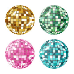 Set of colorful disco balls in gold, emerald, pink, and turquoise with shining reflections. Vector illustration for party, retro, and music design projects.