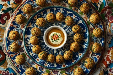 Fototapeta premium A vibrant platter of bite-sized falafel balls with a tahini dipping sauce in the center, neatly arranged 