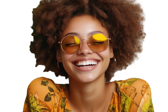 Smiling african american woman wearing round sunglasses with closed eyes, portrait