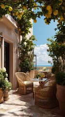 Fototapeta premium Coastal patio, lemon trees, sunny, outdoor