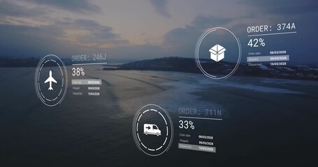 Animation of data processing with icons over landscape - Powered by Adobe