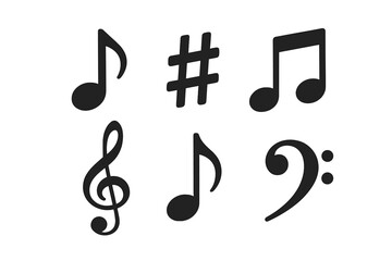 This icon set features a collection of thin line icons related to music, including notes, keys, and melodies, presented in flat vector illustrations with a transparent white background