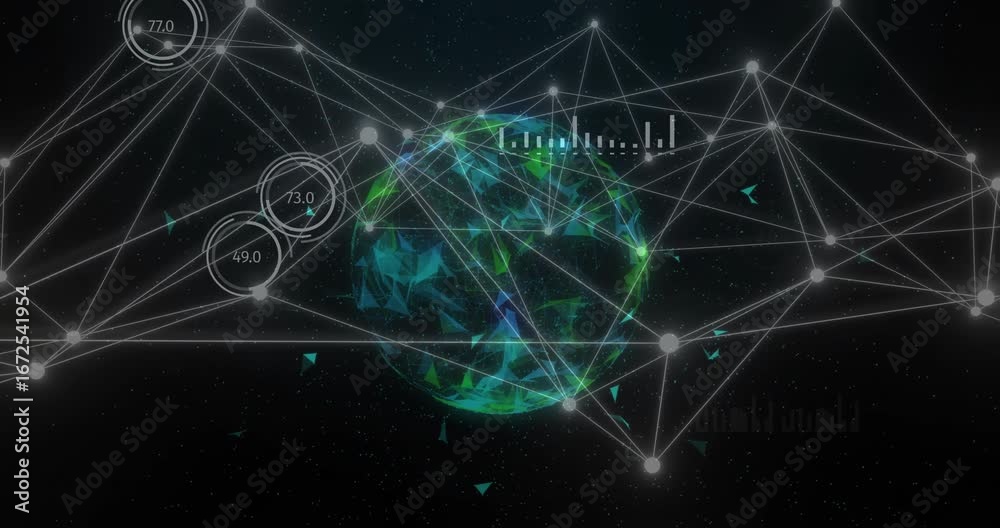 Wall mural animation of network of connections with spots over globe on dark background