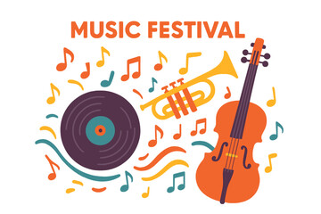 A vibrant music-themed poster features a vinyl record, a violoncello, a trumpet, and musical notes, all set against a colorful background