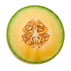Close up overhead view of a ripe cantaloupe melon cut in half isolated on transparent background