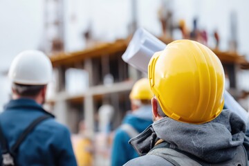 Construction workers at a building site focusing on facade installation Generative AI