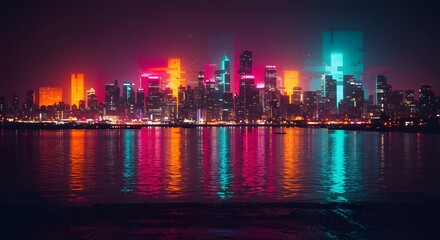 Obraz premium Neon Cityscape at Night: Vibrant Reflections on Water