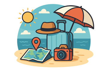 A 3D travel promotion banner featuring blue suitcases and travel accessories against a sunny beach backdrop