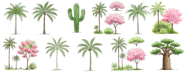 Hand drawn tropical and decorative trees set with palm, cactus, baobab and blooming trees isolated on transparent background