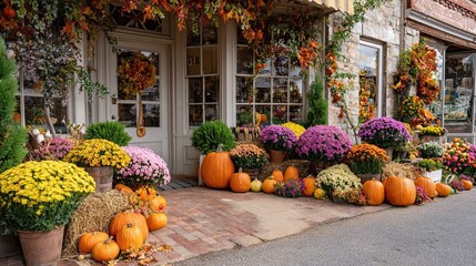 Autumn pumpkins and colorful flowers decoration at rustic shop entrance with fall leaves and plants