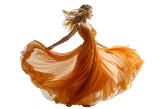 Young woman wearing flowing dress with orange watercolor pattern poses on white